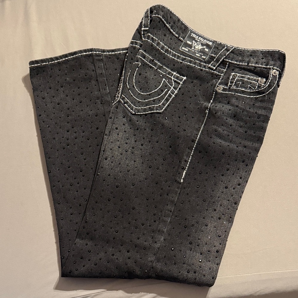 True Religion Black Boot Cut Jeans with Studded Detail